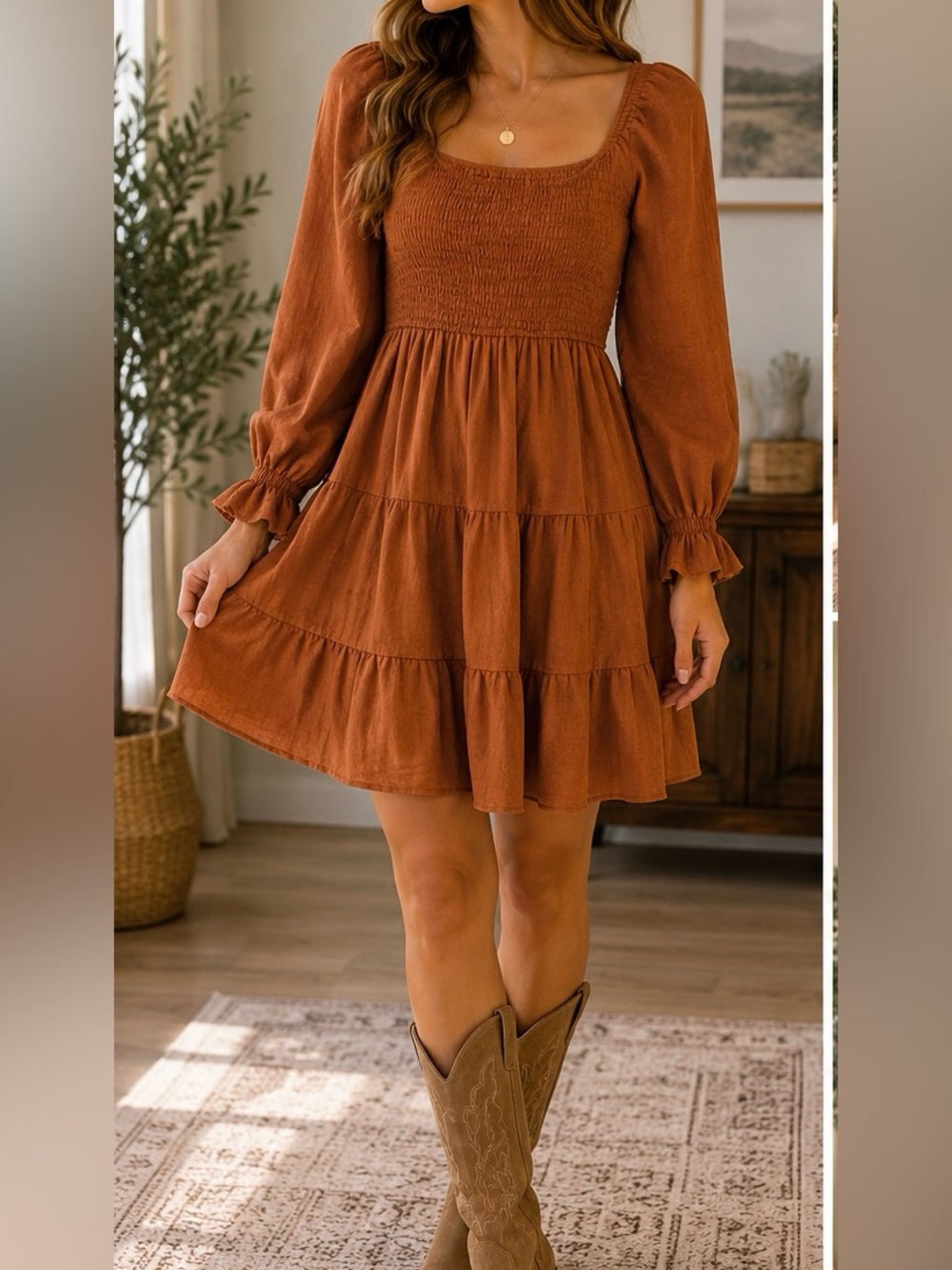 Smocked Boho Brown Dress